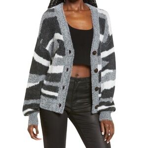 Black M Zebra Stripe Sweater V-neck Button Front Knitted Cardigan